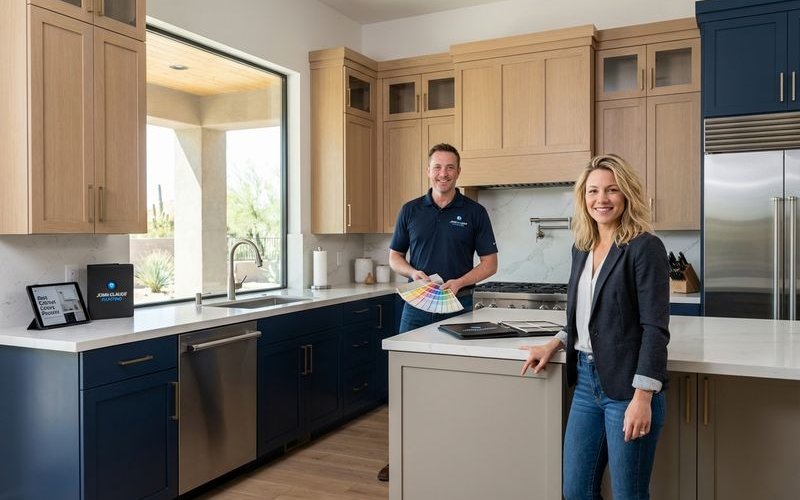 Best cabinet paint colors for Phoenix kitchens showing white, gray, and navy options