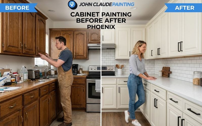 Before and after cabinet painting showing dramatic transformation