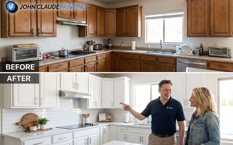 Cabinet painting transformation showing dated oak to modern white