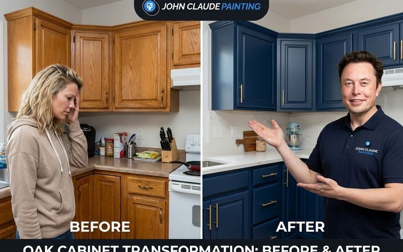 Dated honey oak cabinets before and after professional painting transformation