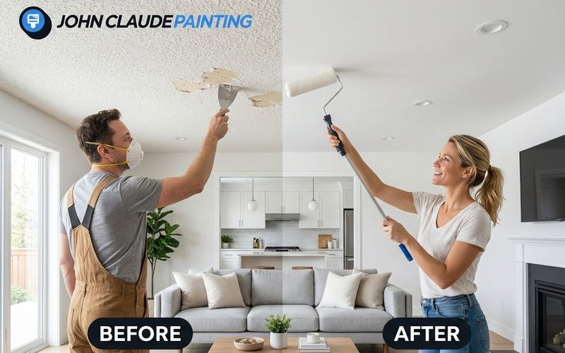 Popcorn ceiling removal showing before and after smooth finish