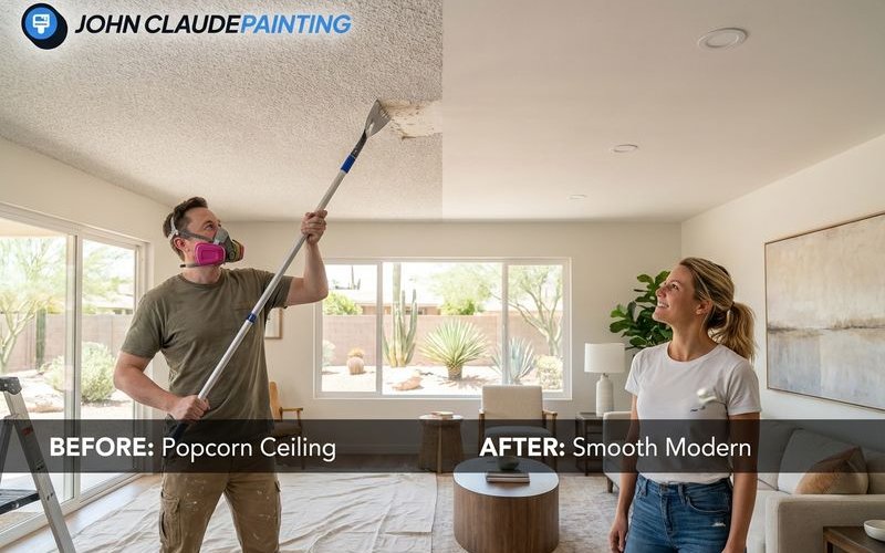 Popcorn ceiling removal showing before and after