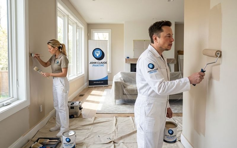 Professional painter applying premium paint to living room walls