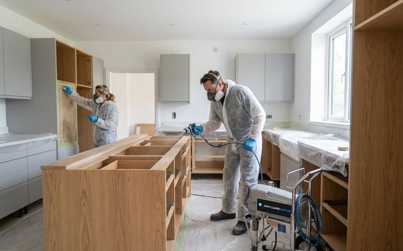 Professional spray painting process for oak cabinet transformation
