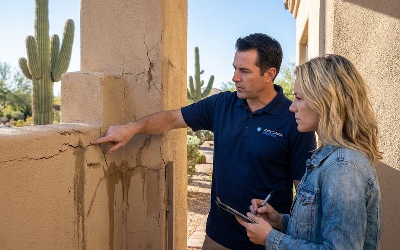 Stucco cracks and water staining indicating need for exterior repair and painting